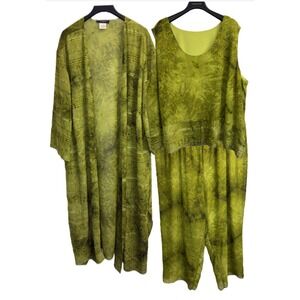 Surreal 3 Piece Set Pants Top Jacket Womens Plus 34W Green Embellished Chiffon